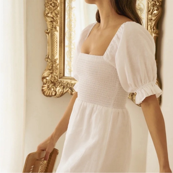 Reformation Cerise Linen Smocked Puff Sleeve Mini Dress in Sand Size Small - Picture 2 of 13